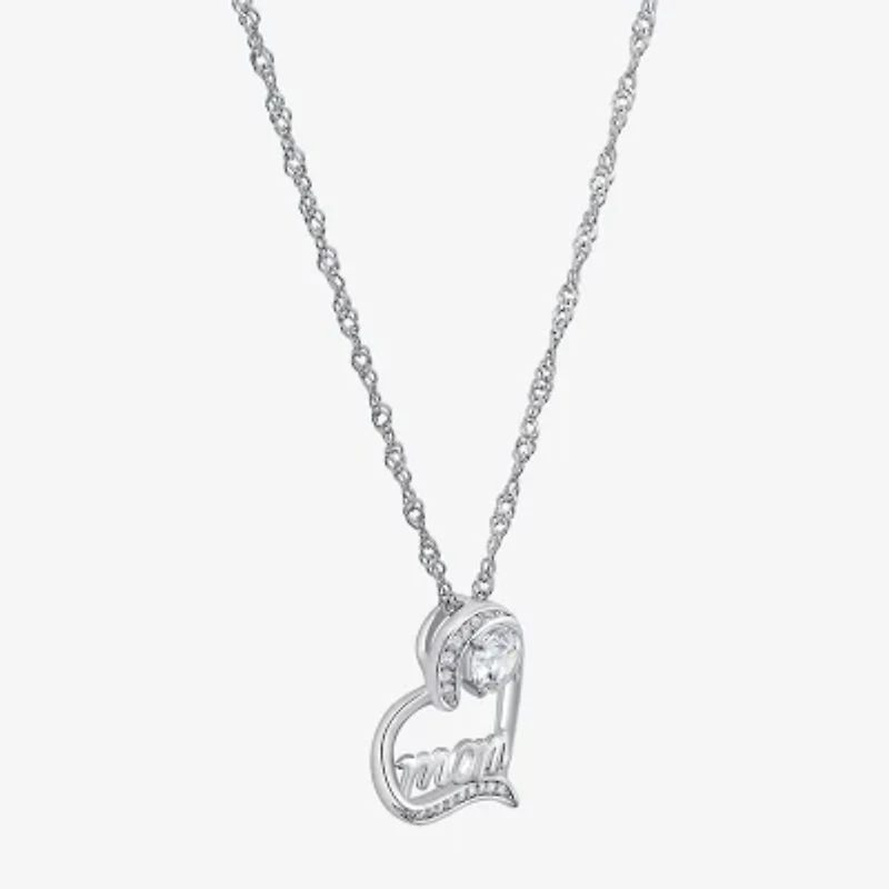 Diamonart "Mom" Womens White Cubic Zirconia Sterling Silver Heart 18 Inch Pendant Necklace