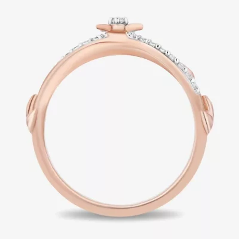 Enchanted Disney Fine Jewelry Womens 1/10 CT. T.W. Natural White Diamond 14K Rose Gold Over Silver Flower Rapunzel Bypass  Cocktail Ring