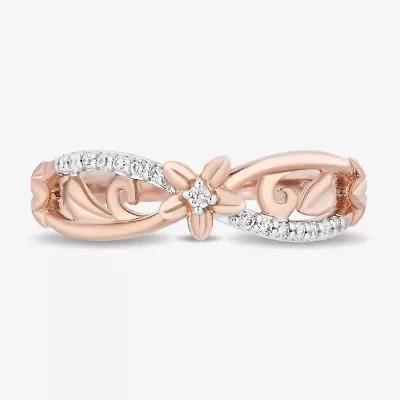 Enchanted Disney Fine Jewelry Womens 1/10 CT. T.W. Natural White Diamond 14K Rose Gold Over Silver Flower Rapunzel Bypass  Cocktail Ring