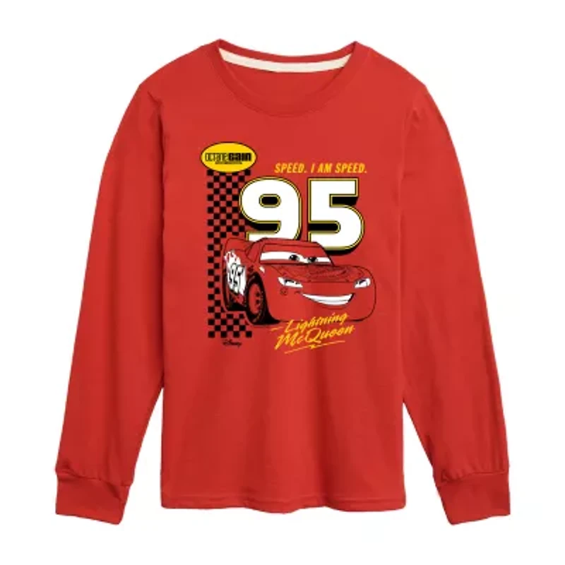Disney Collection Little & Big Kid Boys Crew Neck Long Sleeve Regular Fit Cars Graphic T-Shirt