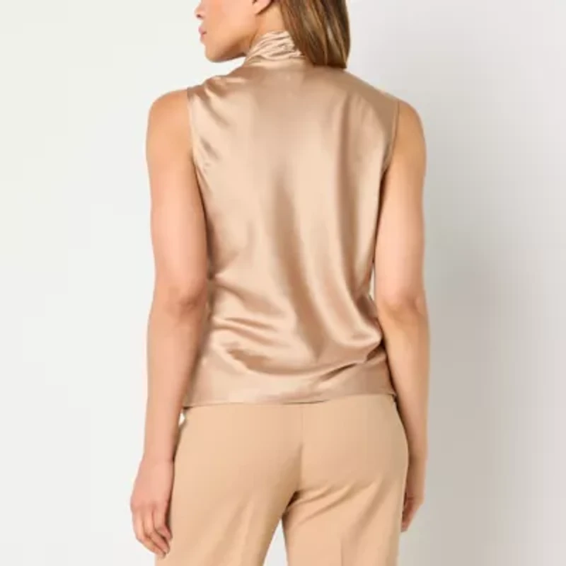 Black Label by Evan-Picone Womens Split Tie Neck Sleeveless Satin Blouse