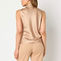Black Label by Evan-Picone Womens Split Tie Neck Sleeveless Satin Blouse