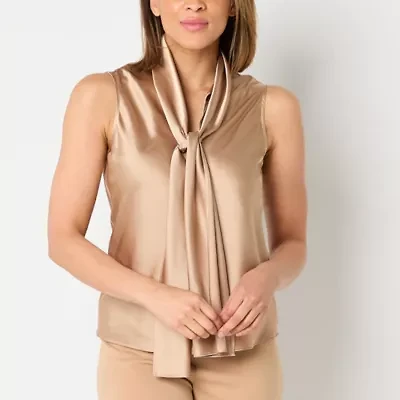 Black Label by Evan-Picone Womens Split Tie Neck Sleeveless Satin Blouse