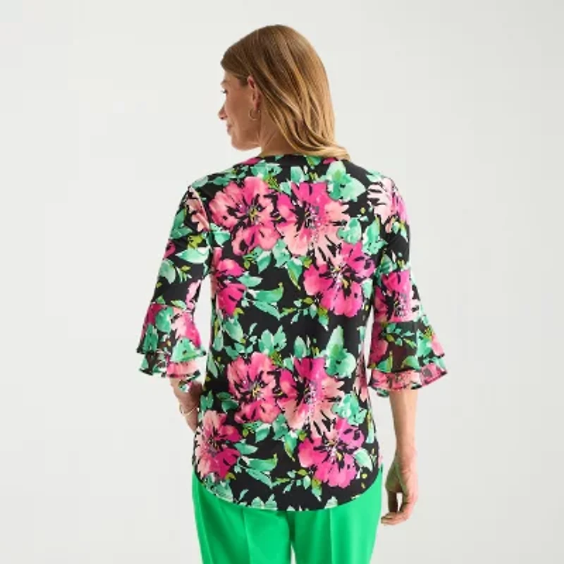 Black Label by Evan-Picone Womens Petite Split Crew Neck 3/4 Sleeve Blouse