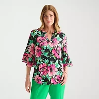 Black Label by Evan-Picone Womens Petite Split Crew Neck 3/4 Sleeve Blouse