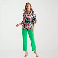 Black Label by Evan-Picone Womens Petite Split Crew Neck 3/4 Sleeve Blouse