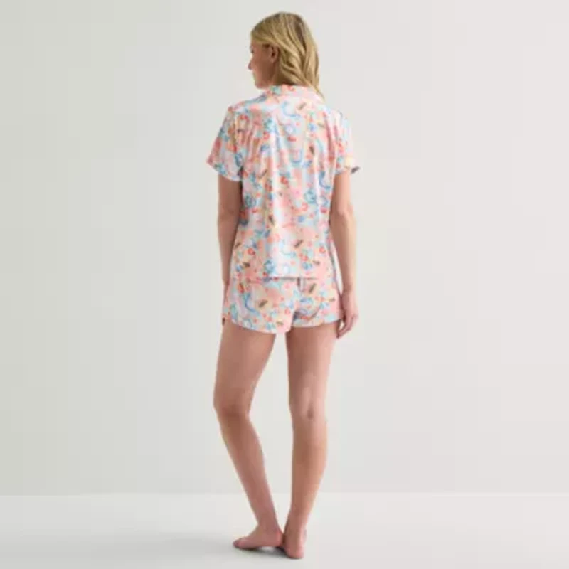 Arizona Body Womens Satin V-Neck Short Sleeve 2-pc. Juniors Pajama Sets