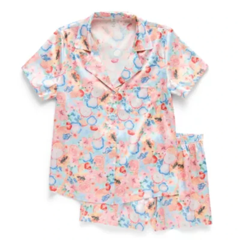 Arizona Body Womens Satin V-Neck Short Sleeve 2-pc. Juniors Pajama Sets