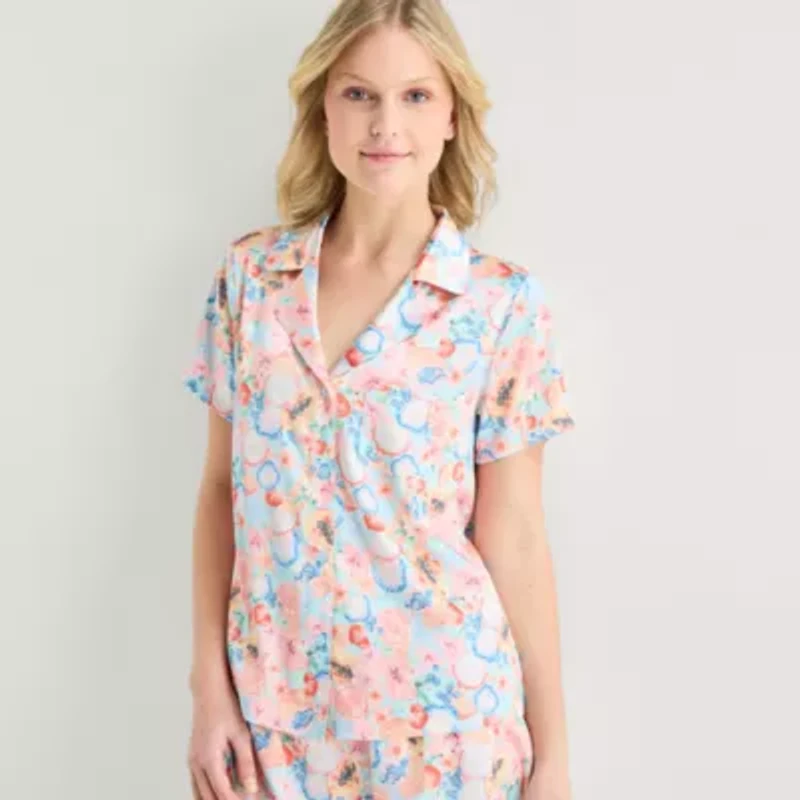 Arizona Body Womens Satin V-Neck Short Sleeve 2-pc. Juniors Pajama Sets