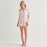 Arizona Body Womens Satin V-Neck Short Sleeve 2-pc. Juniors Pajama Sets