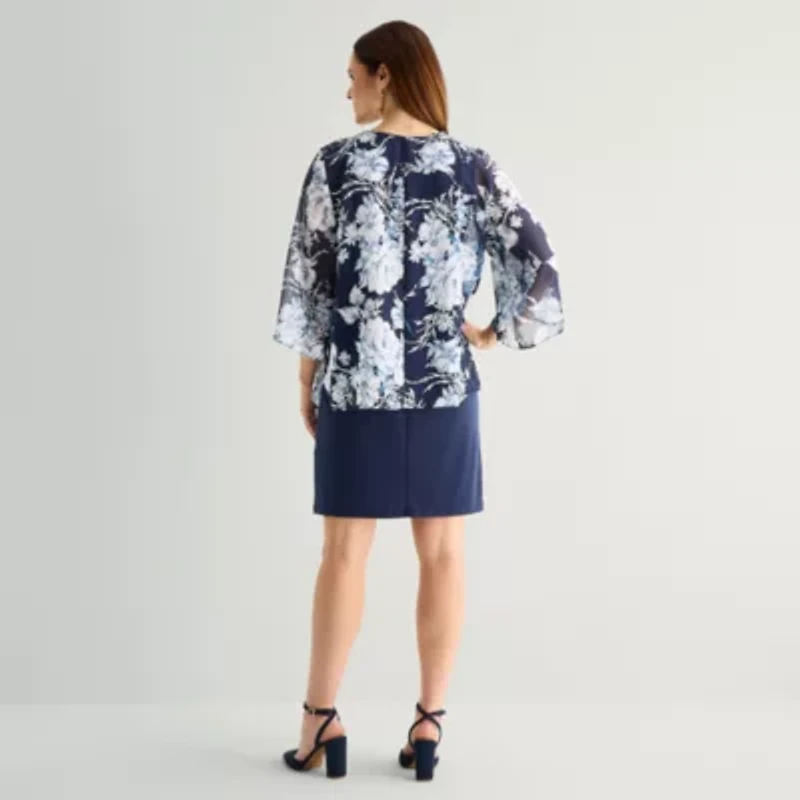 Studio One 3/4 Sleeve Floral Faux-Jacket Dress With Removable Necklace