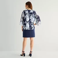 Studio One 3/4 Sleeve Floral Faux-Jacket Dress With Removable Necklace