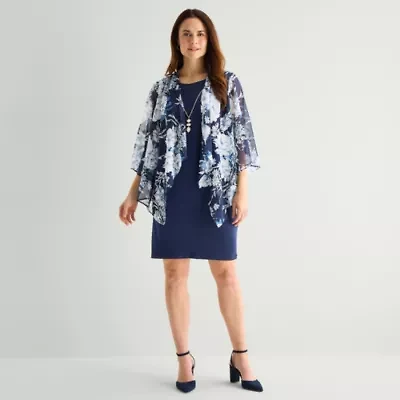 Studio One 3/4 Sleeve Floral Faux-Jacket Dress With Removable Necklace