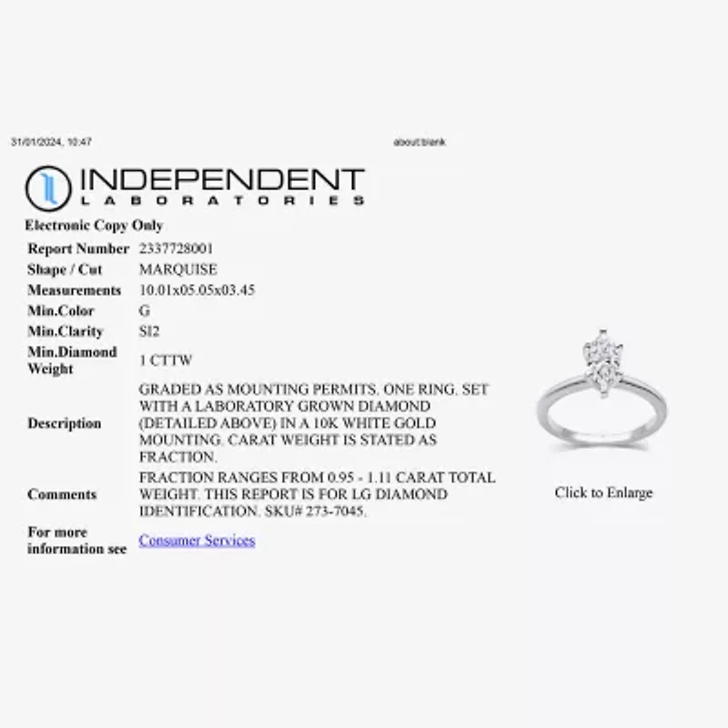 1 CT. Lab-Grown (G / SI1-SI2) Diamond Marquise-cut Solitaire Engagement Ring 10K or 14K Gold