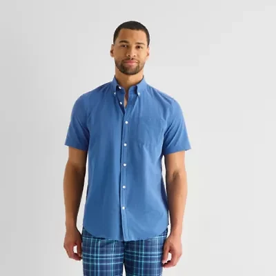 St. John's Bay Perforated Woven Mens Short Sleeve Classic Fit Button-Down Shirt