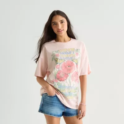 Arizona Womens Juniors Round Neck Short Sleeve Oversized Graphic T-Shirt