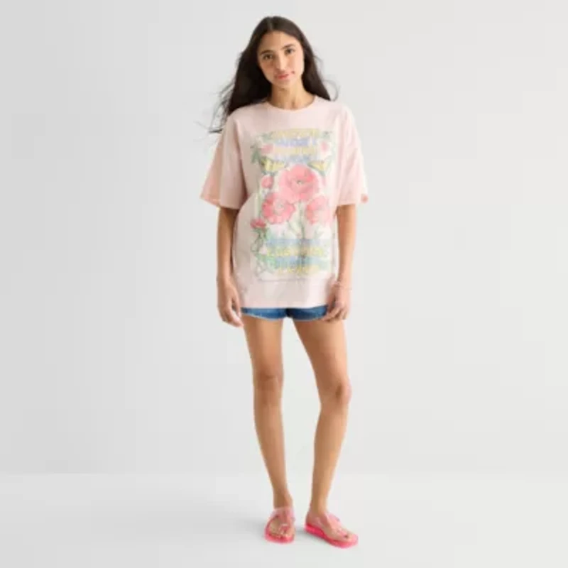 Arizona Womens Juniors Round Neck Short Sleeve Oversized Graphic T-Shirt
