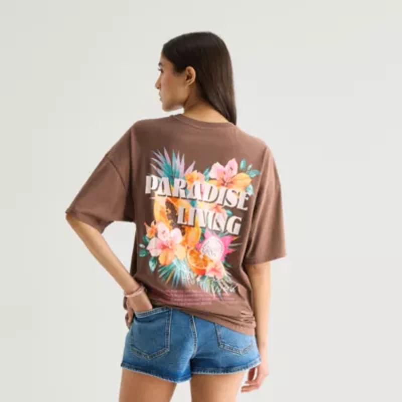 Arizona Womens Juniors Round Neck Short Sleeve Oversized Graphic T-Shirt