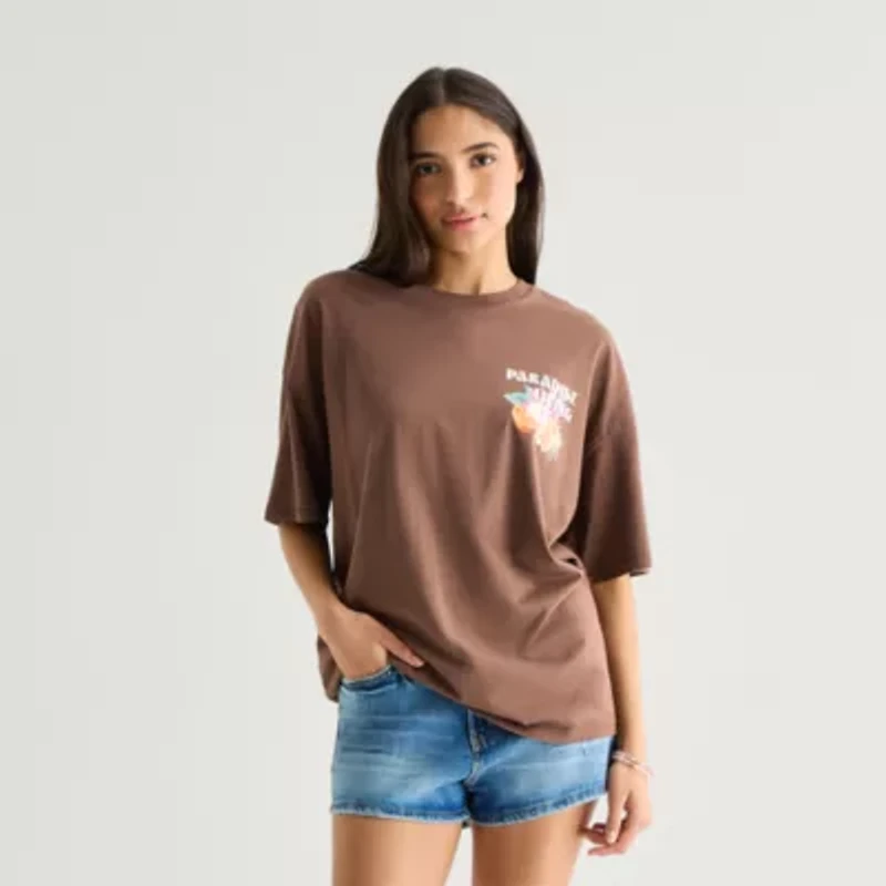 Arizona Womens Juniors Round Neck Short Sleeve Oversized Graphic T-Shirt