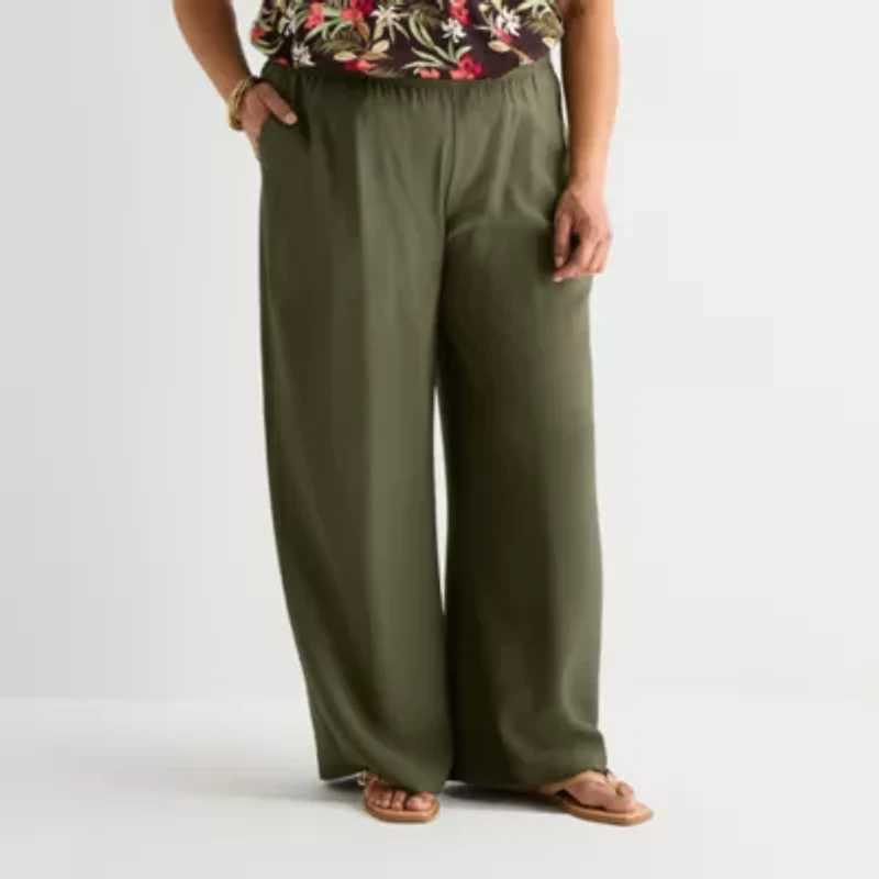 Liz Claiborne Womens Plus Wide Leg Mid Rise Pull-On Pant