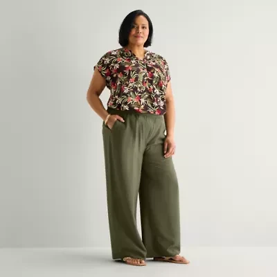 Liz Claiborne Womens Plus Wide Leg Mid Rise Pull-On Pant