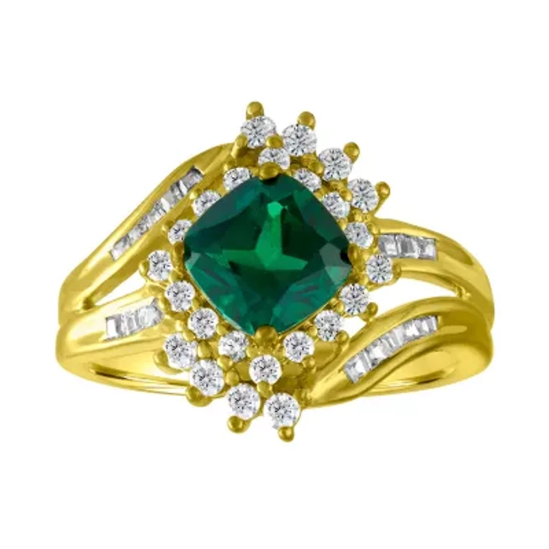 Womens Lab Created Emerald Gold Over Silver Cocktail Ring