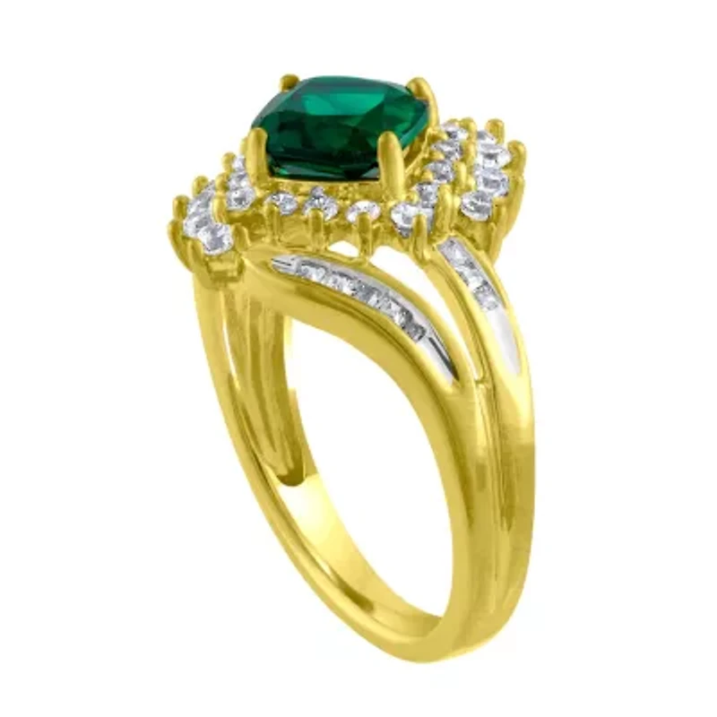 Womens Lab Created Emerald Gold Over Silver Cocktail Ring