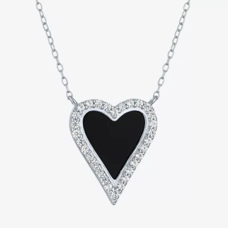 Womens Genuine Black Onyx Sterling Silver Heart 16 Inch Pendant Necklace
