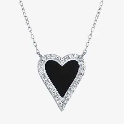 Womens Genuine Black Onyx Sterling Silver Heart 16 Inch Pendant Necklace