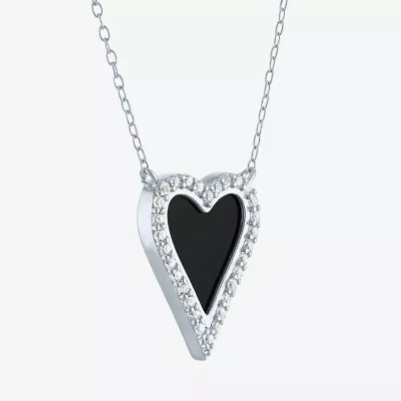 Womens Genuine Black Onyx Sterling Silver Heart 16 Inch Pendant Necklace