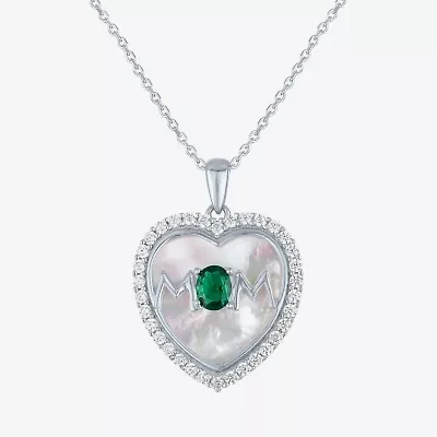 "Mom" Womens Lab Created Green Emerald Sterling Silver Heart 16 Inch Pendant Necklace