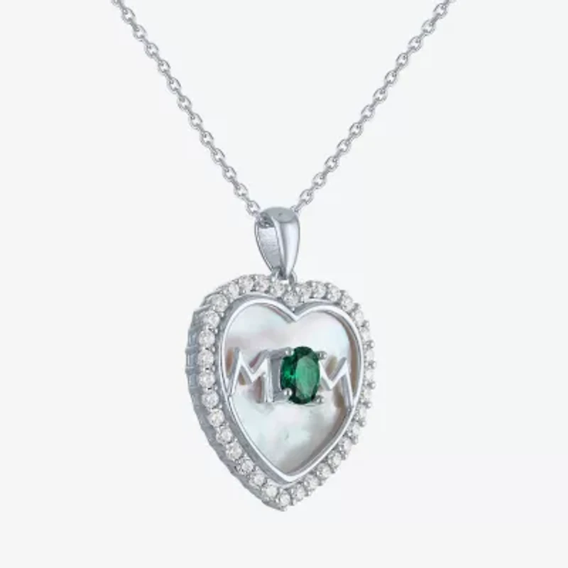 "Mom" Womens Lab Created Green Emerald Sterling Silver Heart 16 Inch Pendant Necklace