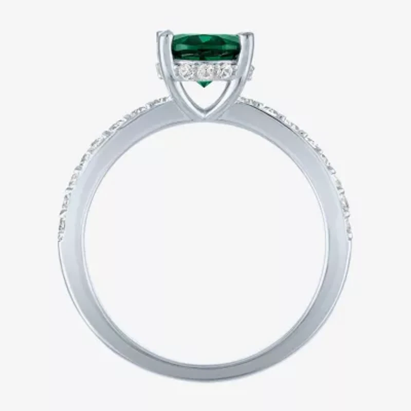 Womens Lab Created Green Emerald Sterling Silver Oval Side Stone Cocktail Ring
