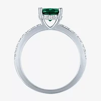 Womens Lab Created Green Emerald Sterling Silver Oval Side Stone Cocktail Ring