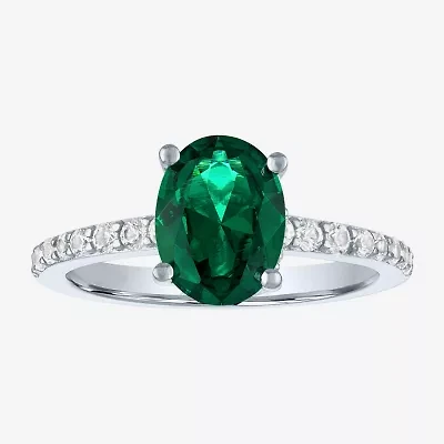 Womens Lab Created Green Emerald Sterling Silver Oval Side Stone Cocktail Ring