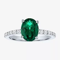 Womens Lab Created Green Emerald Sterling Silver Oval Side Stone Cocktail Ring