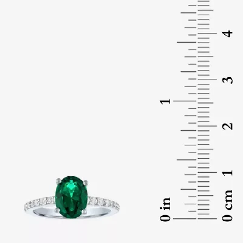 Womens Lab Created Green Emerald Sterling Silver Oval Side Stone Cocktail Ring