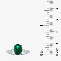 Womens Lab Created Green Emerald Sterling Silver Oval Side Stone Cocktail Ring