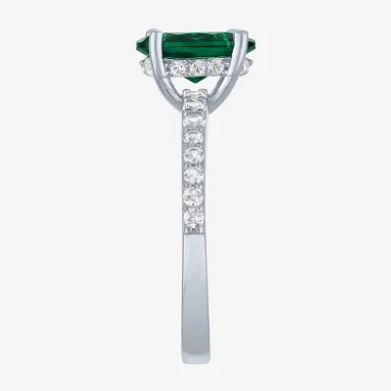 Womens Lab Created Green Emerald Sterling Silver Oval Side Stone Cocktail Ring