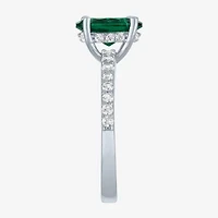 Womens Lab Created Green Emerald Sterling Silver Oval Side Stone Cocktail Ring