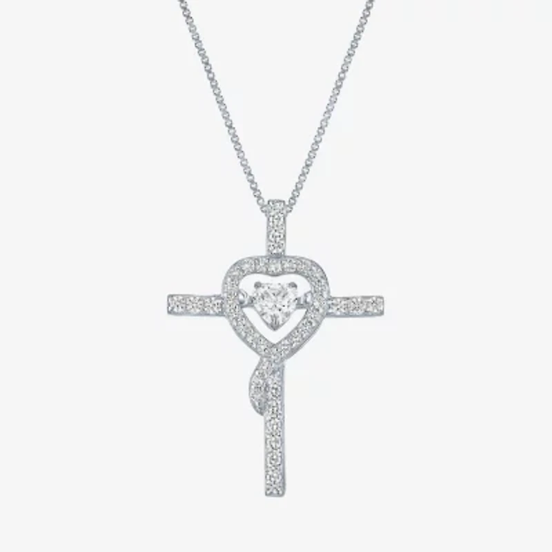 Womens Lab Created White Sapphire Sterling Silver Cross Heart 18 Inch Pendant Necklace