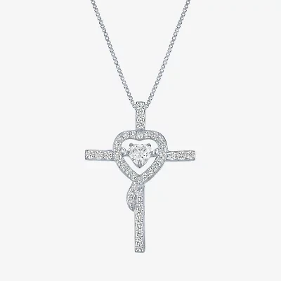 Womens Lab Created White Sapphire Sterling Silver Cross Heart 18 Inch Pendant Necklace