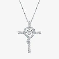 Womens Lab Created White Sapphire Sterling Silver Cross Heart 18 Inch Pendant Necklace