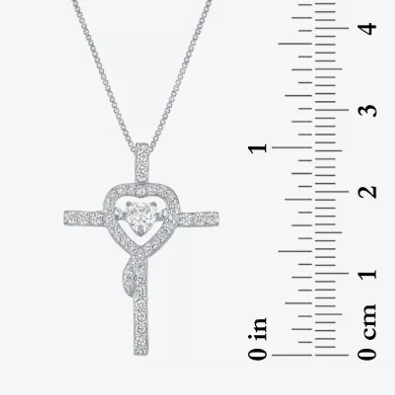 Womens Lab Created White Sapphire Sterling Silver Cross Heart 18 Inch Pendant Necklace