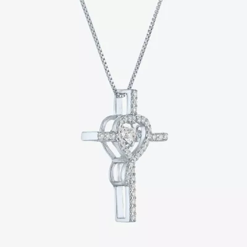 Womens Lab Created White Sapphire Sterling Silver Cross Heart 18 Inch Pendant Necklace