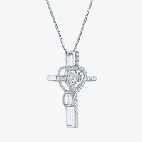 Womens Lab Created White Sapphire Sterling Silver Cross Heart 18 Inch Pendant Necklace