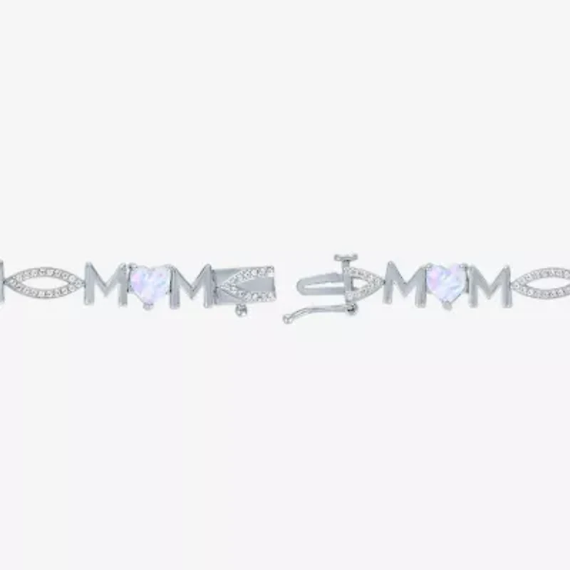 "Mom" Womens Lab Created White Opal Sterling Silver 7.5 Inch Tennis Bracelet