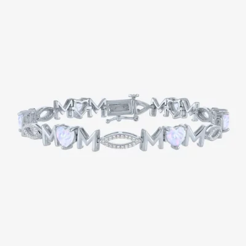 "Mom" Womens Lab Created White Opal Sterling Silver 7.5 Inch Tennis Bracelet