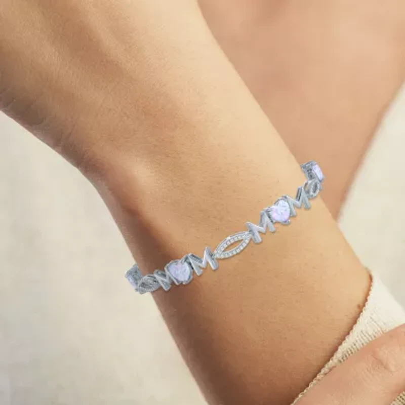 "Mom" Womens Lab Created White Opal Sterling Silver 7.5 Inch Tennis Bracelet