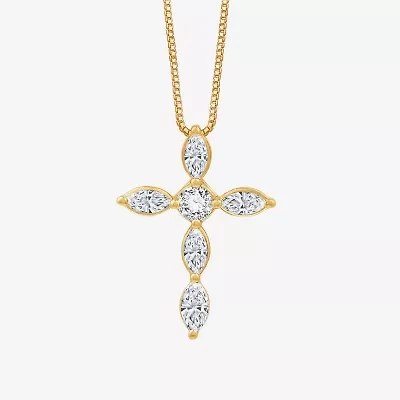 (G Womens 1 CT. T.W. Lab Grown White Diamond 10K Gold Cross 18 Inch Pendant Necklace